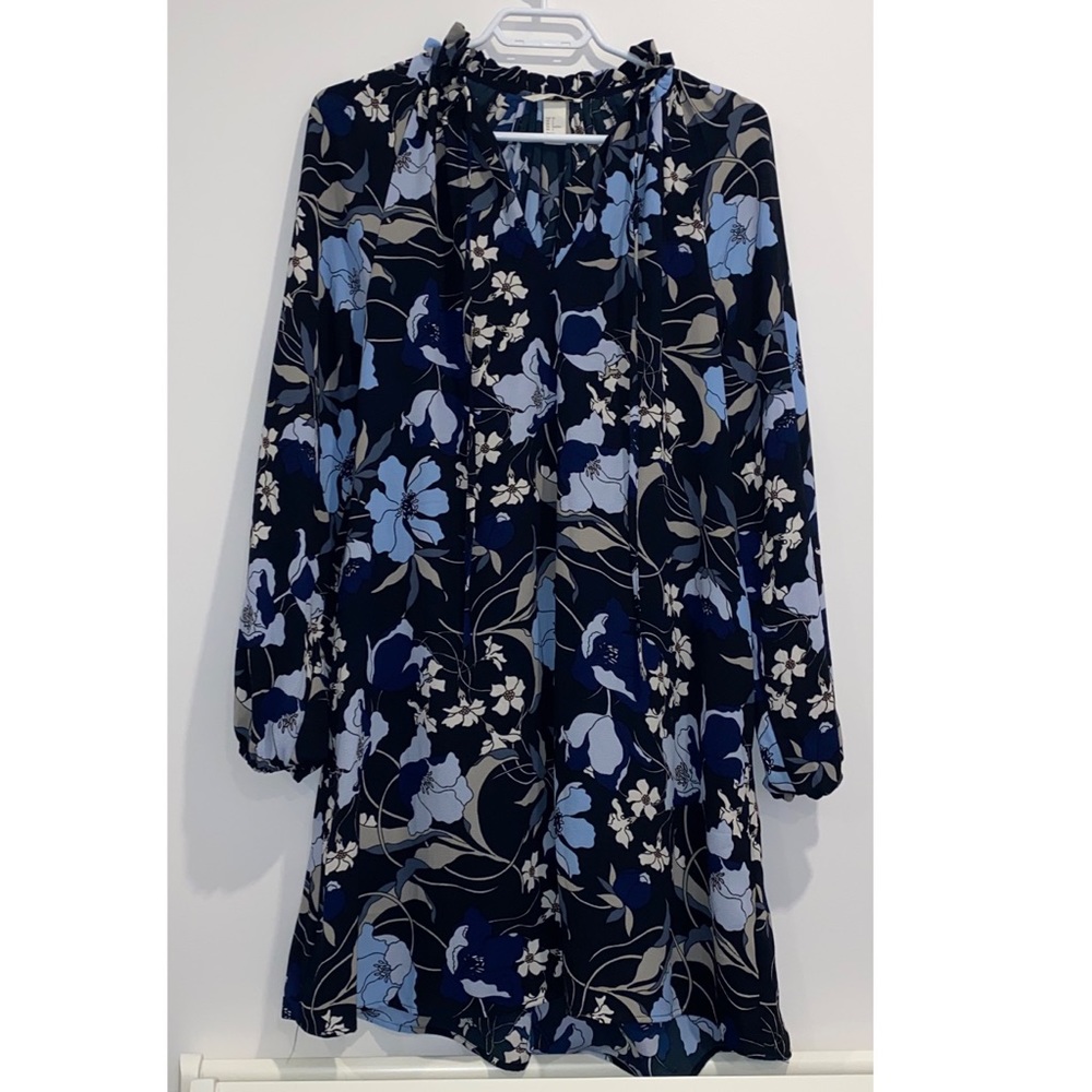 Floral Navy Blue Long-Sleeve Shift Dress